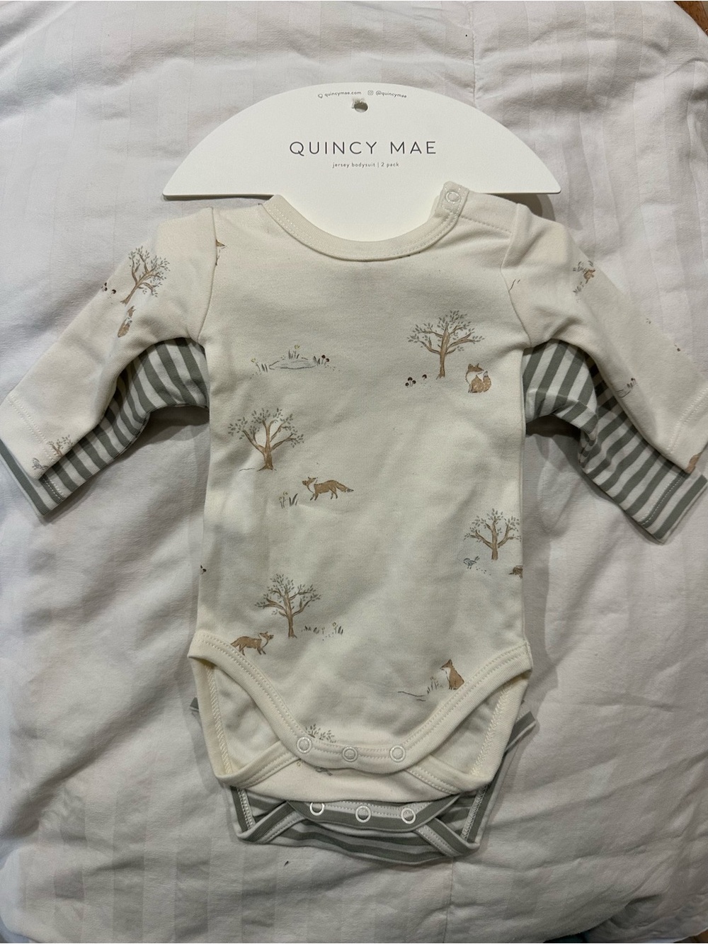 Quincy Mae Cream Woodland & Gray Stripe Baby One-Piece Set